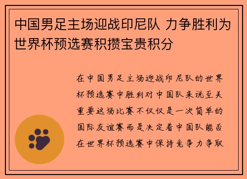 中国男足主场迎战印尼队 力争胜利为世界杯预选赛积攒宝贵积分 中国男足主场迎战印尼队 力争胜利为世界杯预选赛积攒宝贵积分