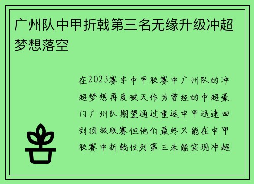 广州队中甲折戟第三名无缘升级冲超梦想落空 广州队中甲折戟第三名无缘升级冲超梦想落空